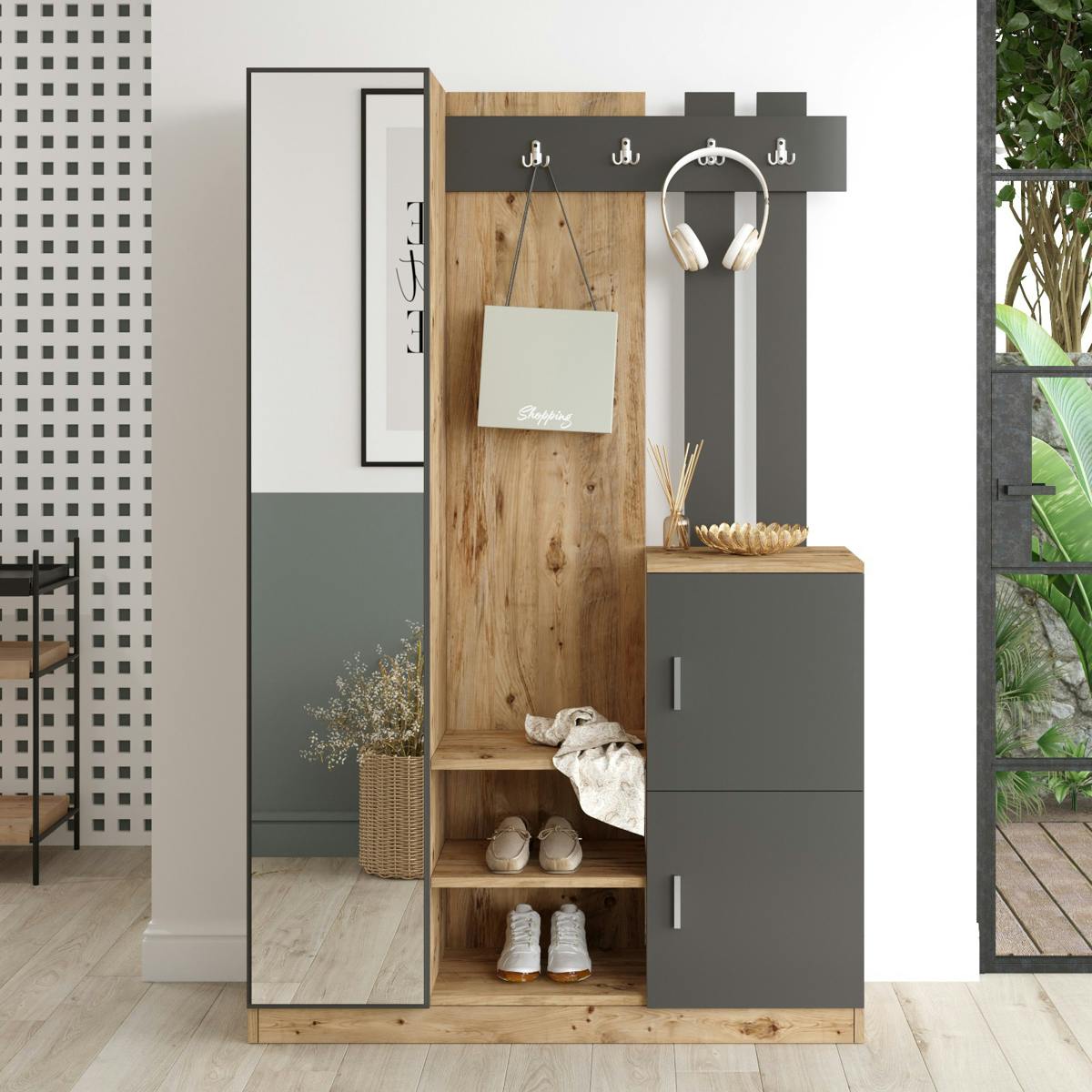 Vestiaire d’entrée 2 portes 1 miroir décor gris et bois MARFA