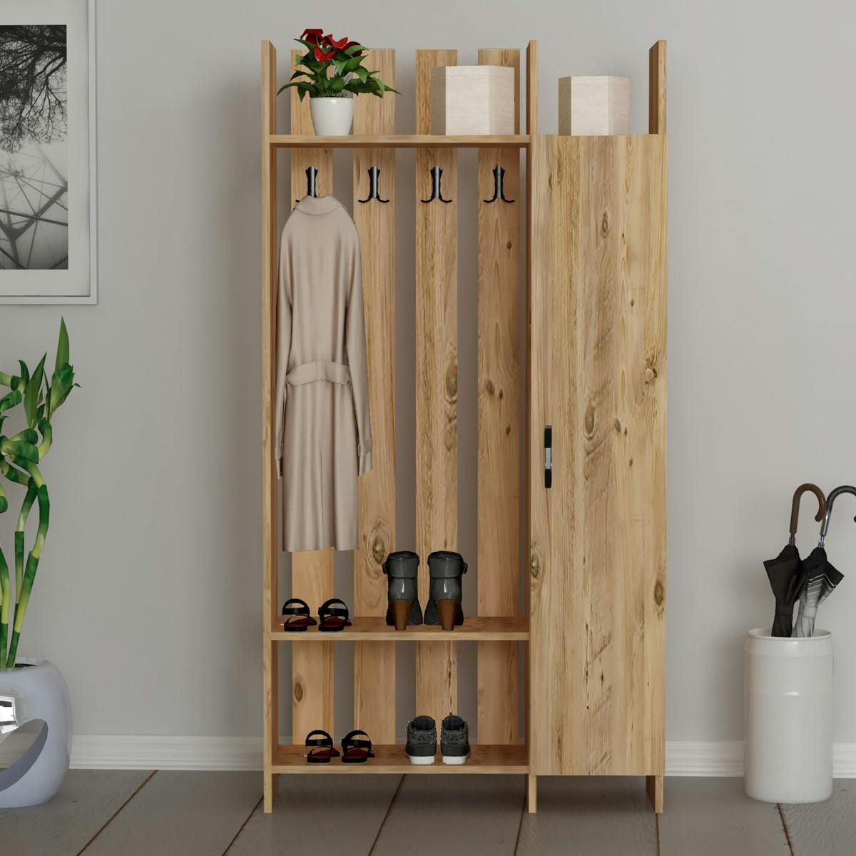 Vestiaire d’entrée 4 patères 1 porte décor bois clair MARFA
