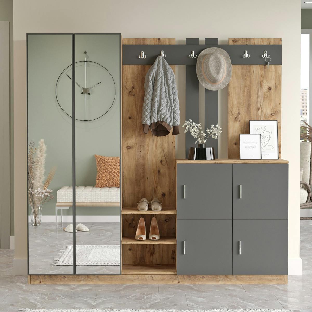 Vestiaire d'entrée 4 portes 1 miroir décor gris et bois MARFA