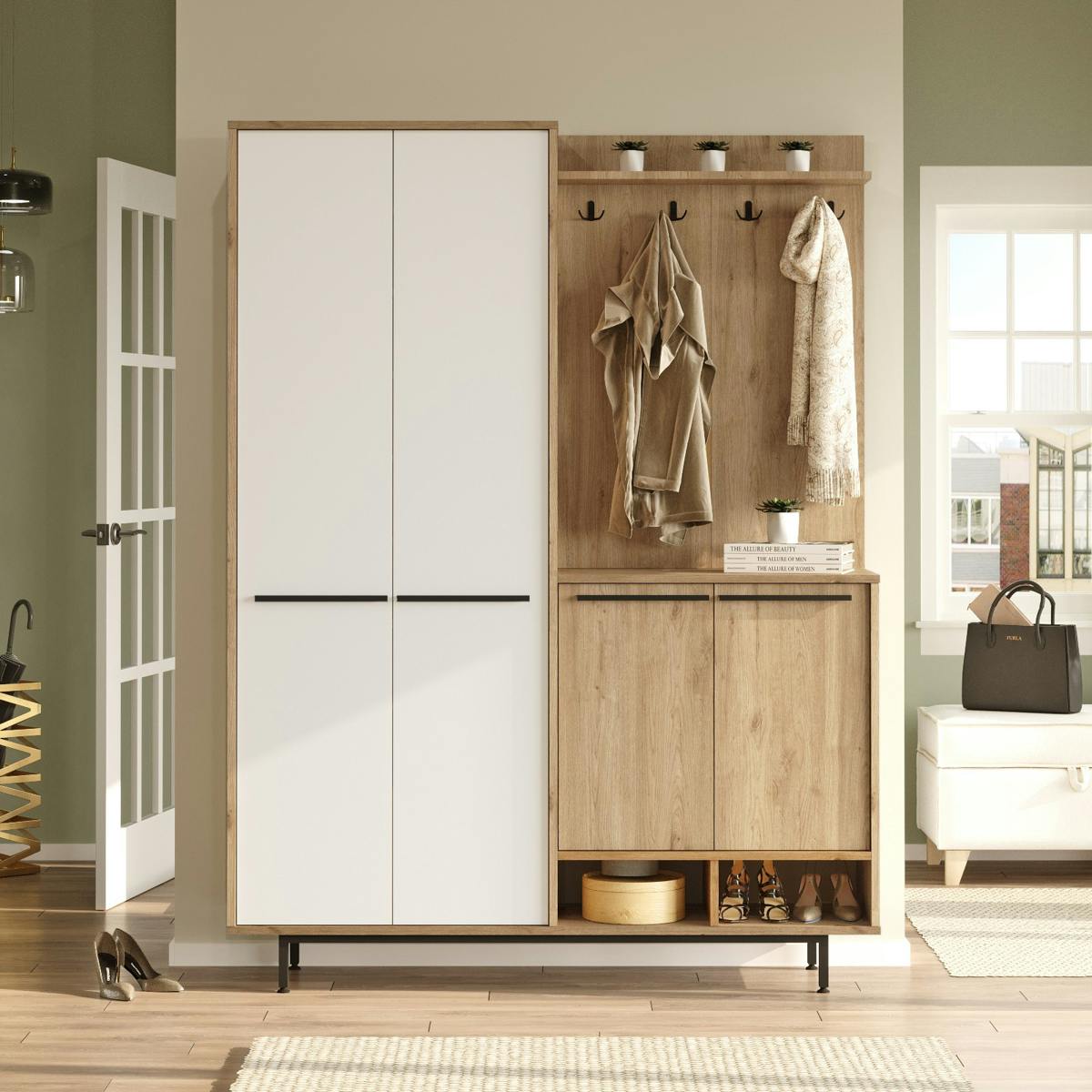 Vestiaire d'entrée 4 portes décor blanc et bois JENA