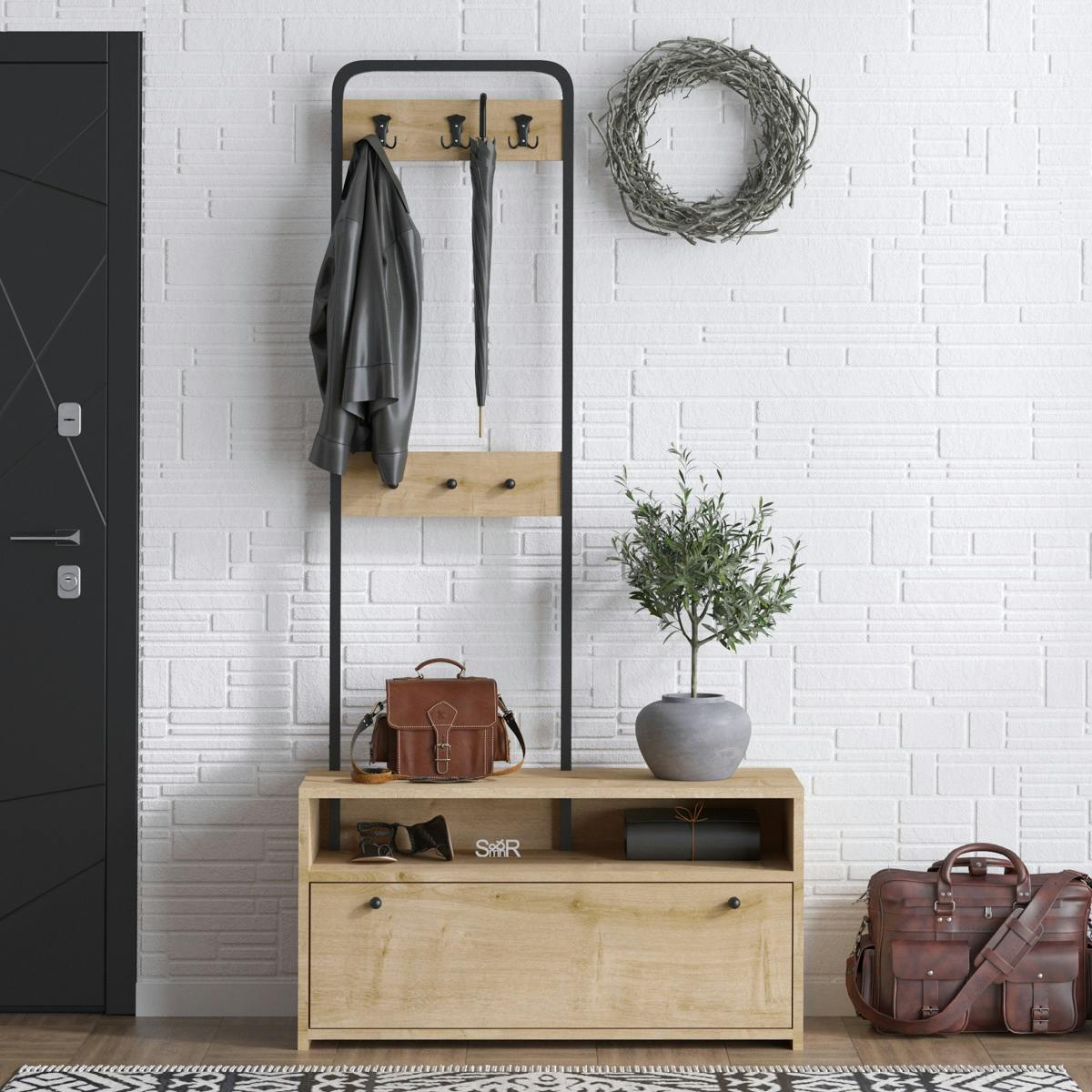Vestiaire d’entrée 6 patères et rangement chaussures JENA
