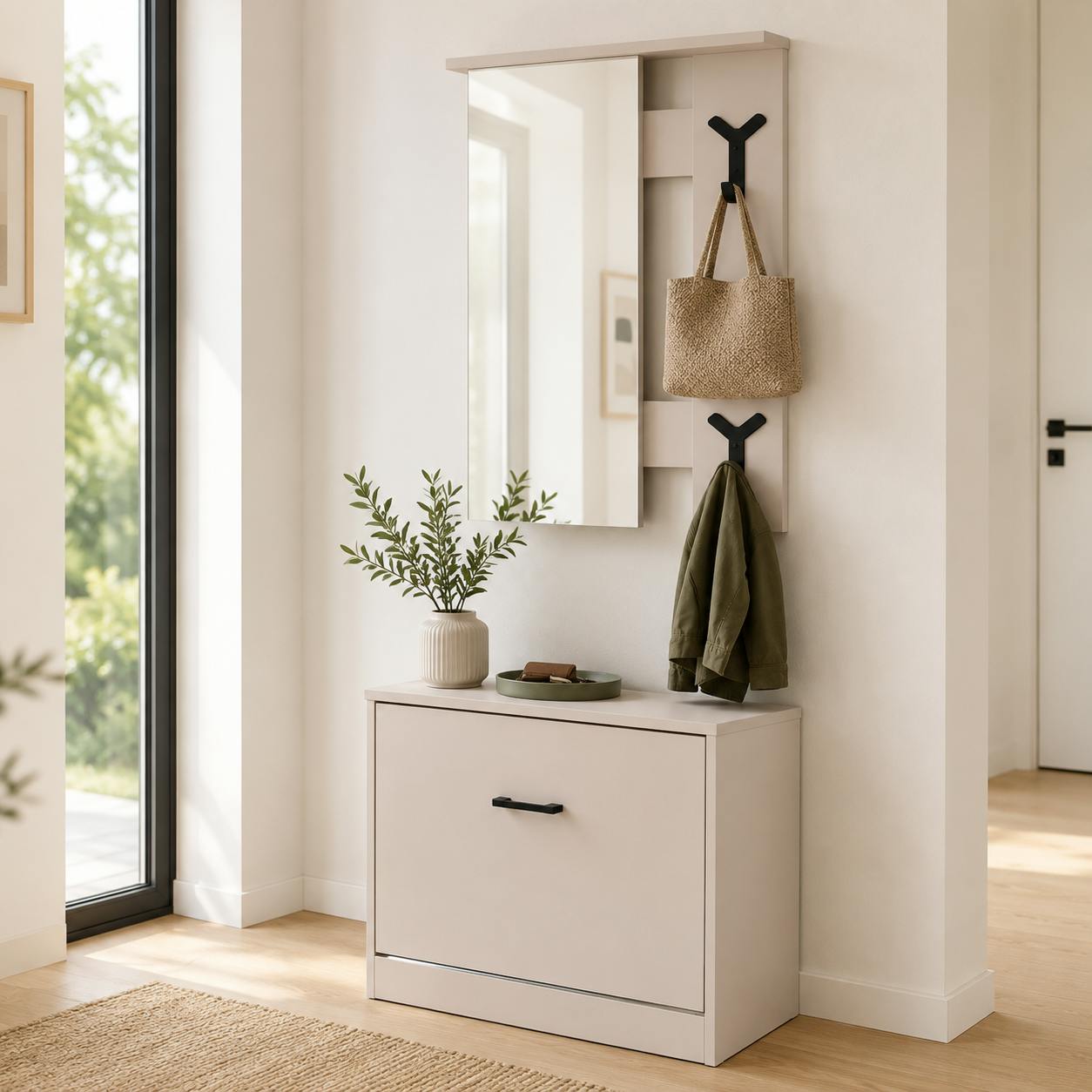Vestiaire d'entrée beige avec meuble à chaussures et miroir ALVA