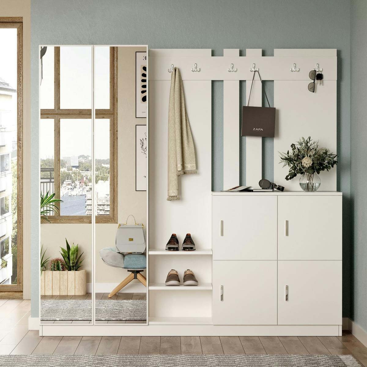 Vestiaire d’entrée blanc 1 miroir 4 portes 6 crochets MARFA