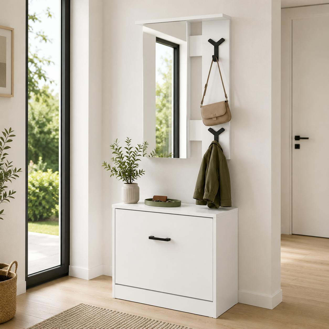 Vestiaire d'entrée blanc avec meuble à chaussures et miroir ALVA