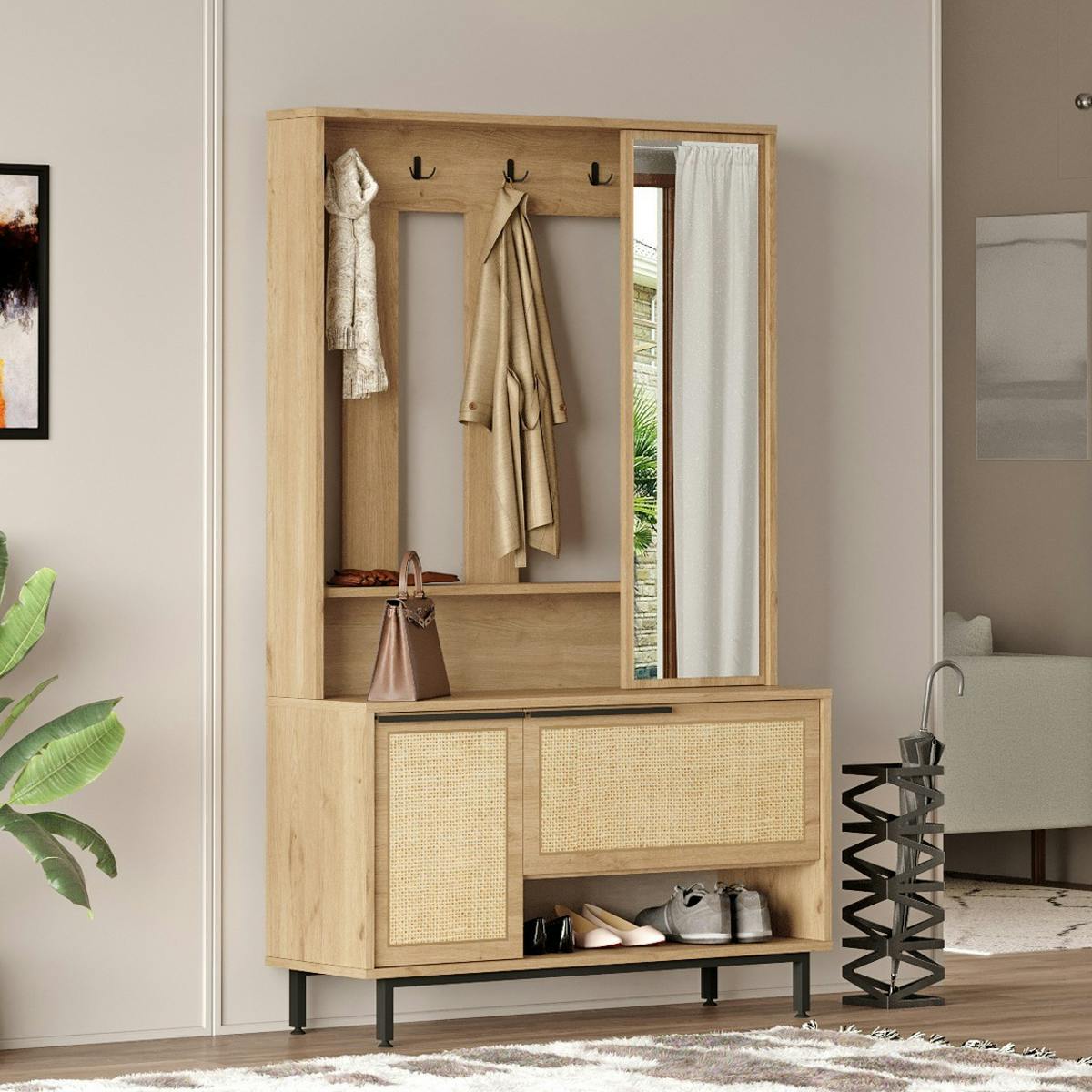 Vestiaire d'entrée bohème rangements cannage et miroir JENA