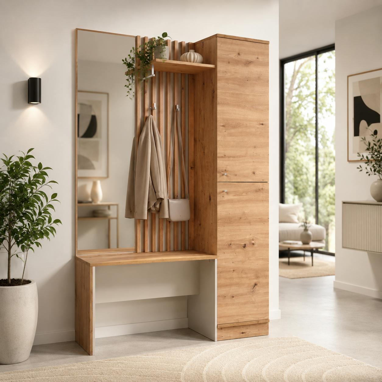 Vestiaire d'entrée complet 1 porte 1 banc 1 miroir ALVA