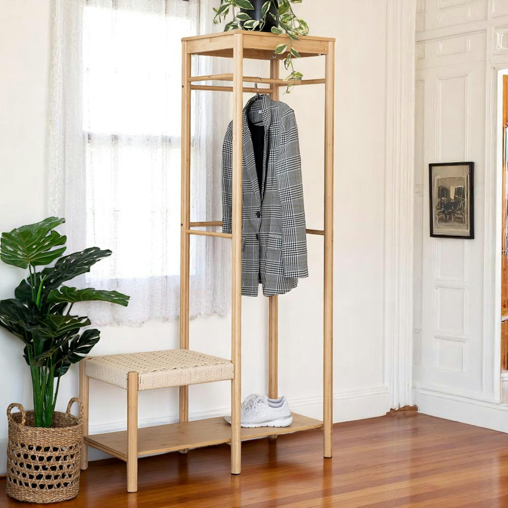 Vestiaire d'entrée en bambou avec penderie et siège BRUGES