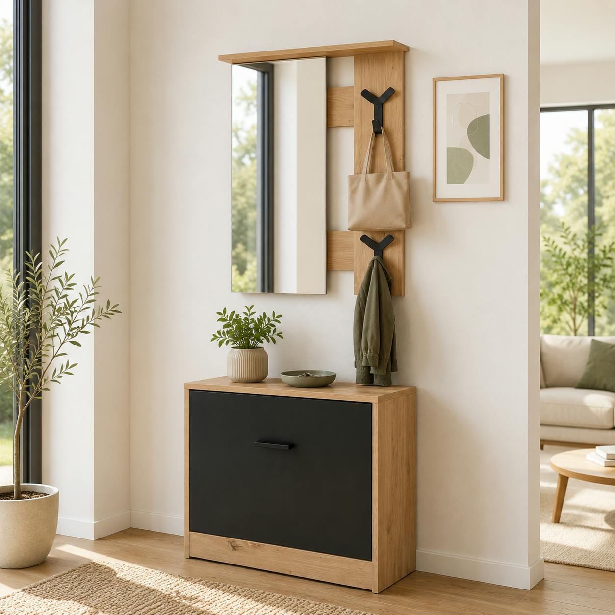 Vestiaire d'entrée noir avec meuble à chaussures et miroir ALVA