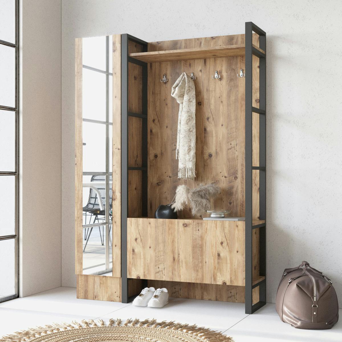 Vestiaire d'entrée rustique chic 1 miroir 2 portes MARFA