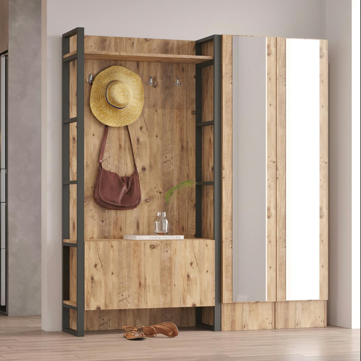 Vestiaire d'entrée rustique chic 2 miroirs 3 portes JENA