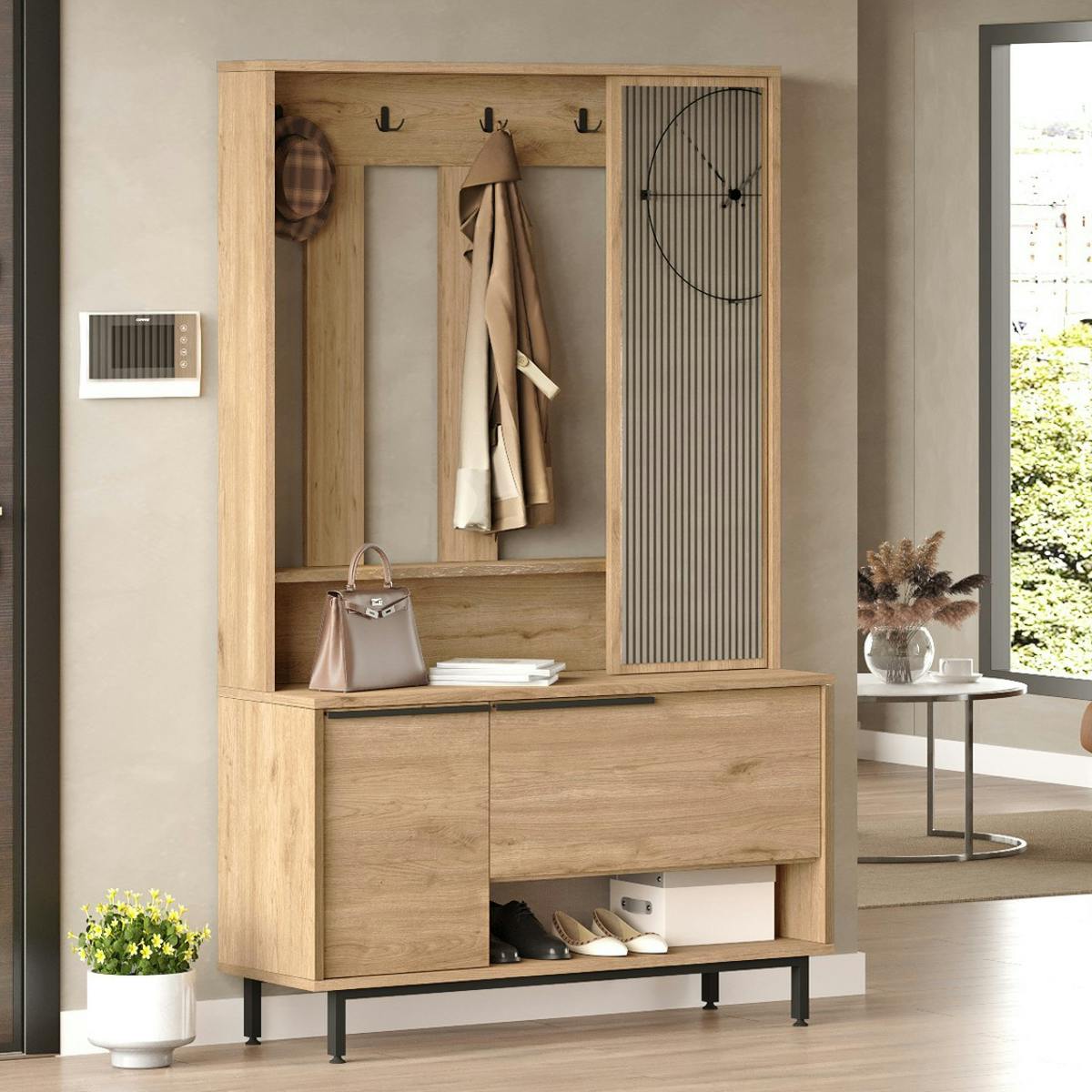 Vestiaire d'entrée scandinave 5 patères rangements bas JENA