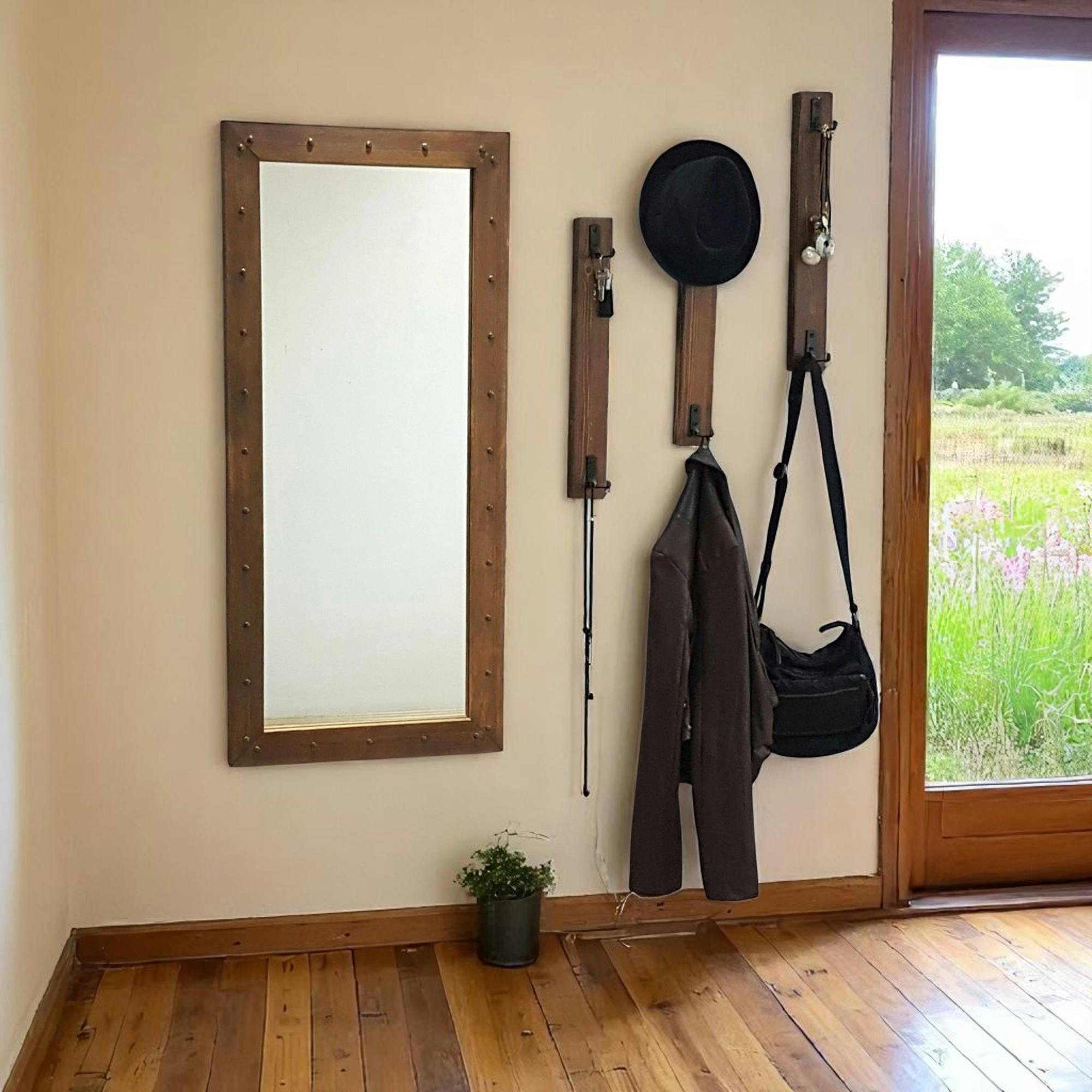 Vestiaire mural avec miroir - 3 portemanteaux en bois HILO
