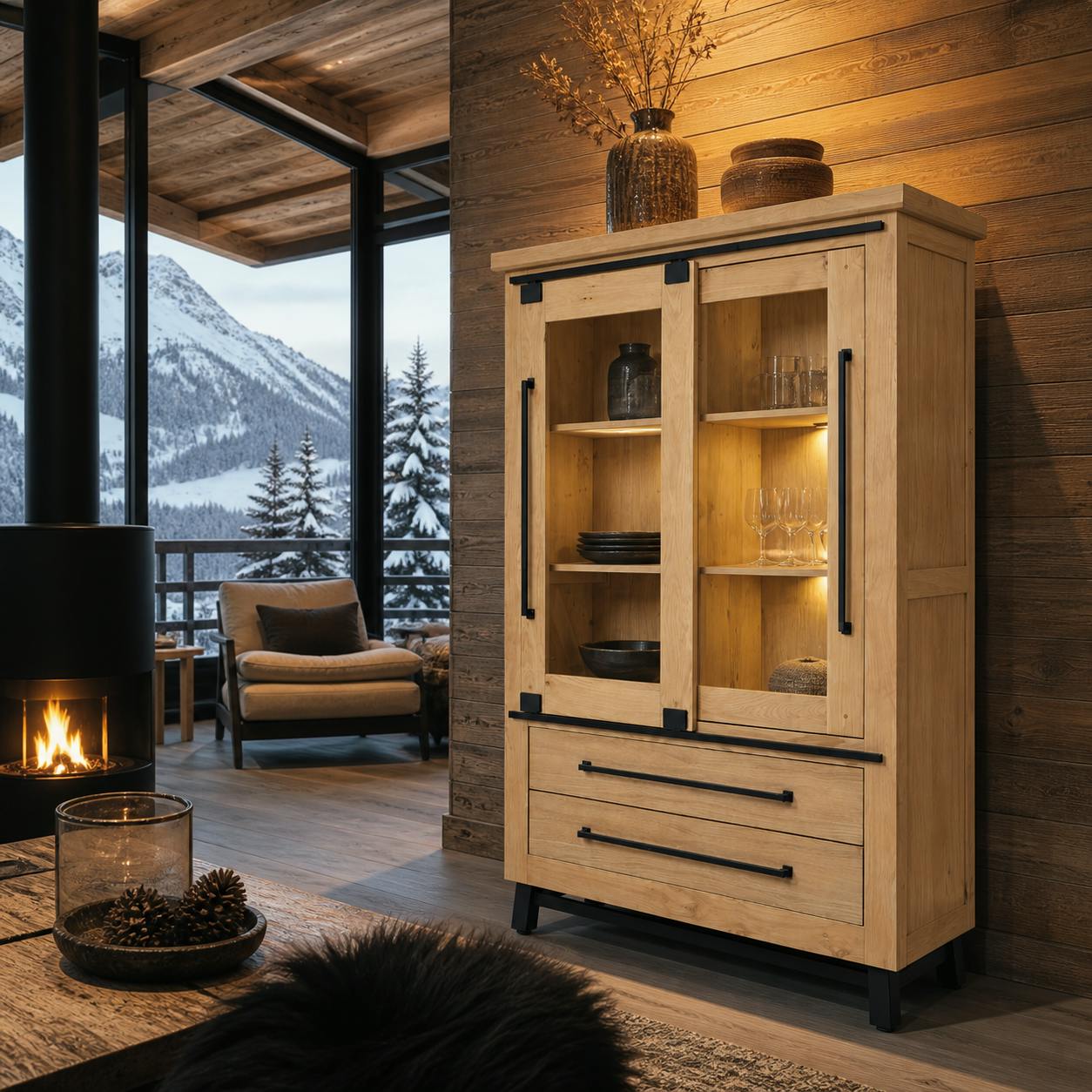 Vitrine chêne clair portes coulissantes et LED 140 cm ALPINE