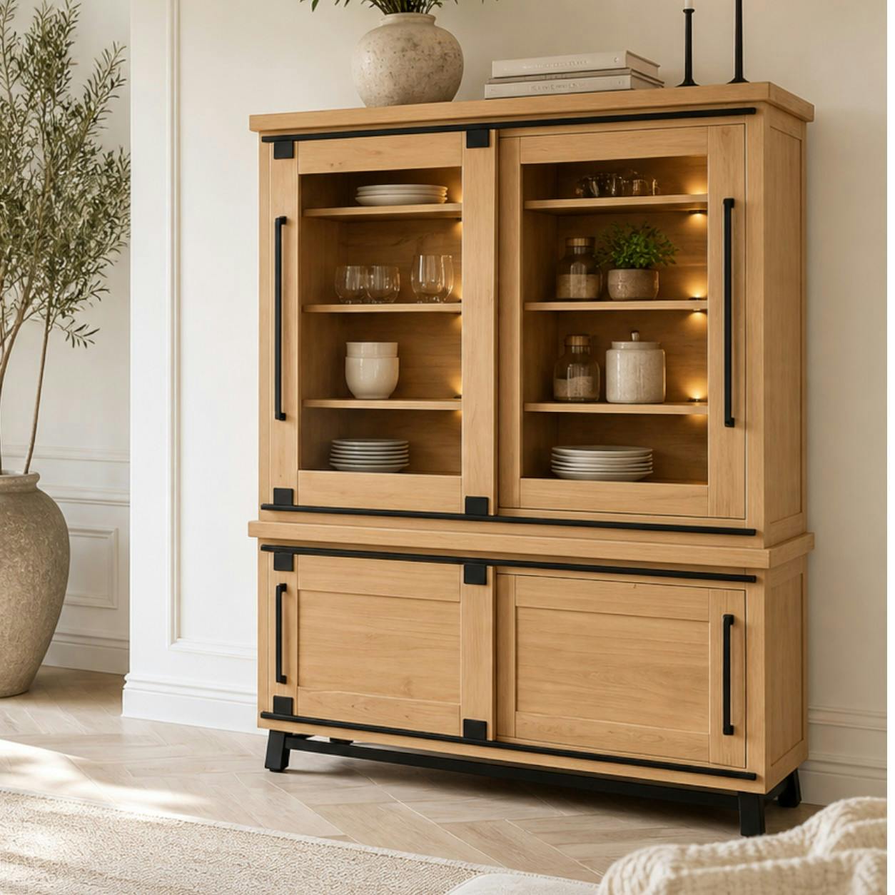 Vitrine chêne clair portes coulissantes et LED 185 cm ALPINE