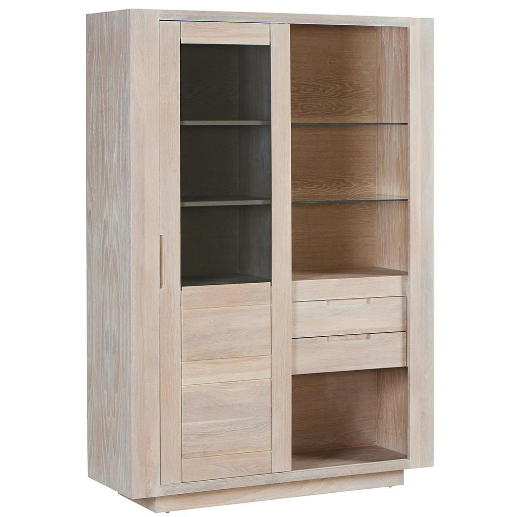 Vitrine Chêne massif ciré blanchi 1 porte coulissante vitrée fumée, 2 tiroirs, 2 étagères, 1 niche 125x42x180cm MANILLE