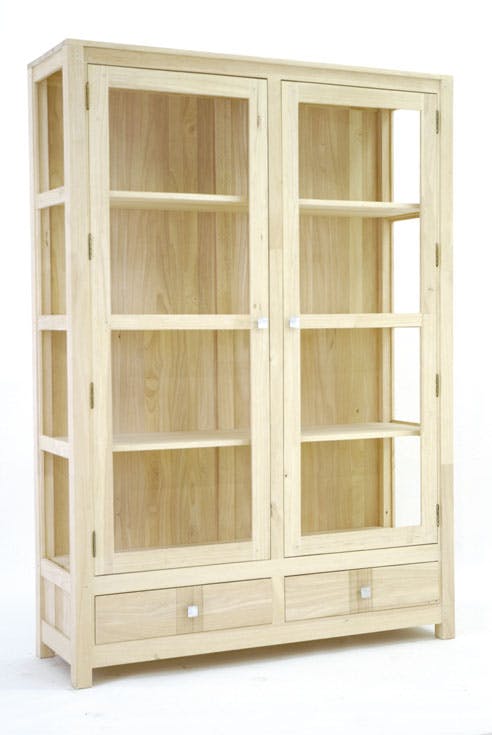 Vitrine Hévéa 2 portes vitrées, 2 tiroirs 120x38x170cm GALA