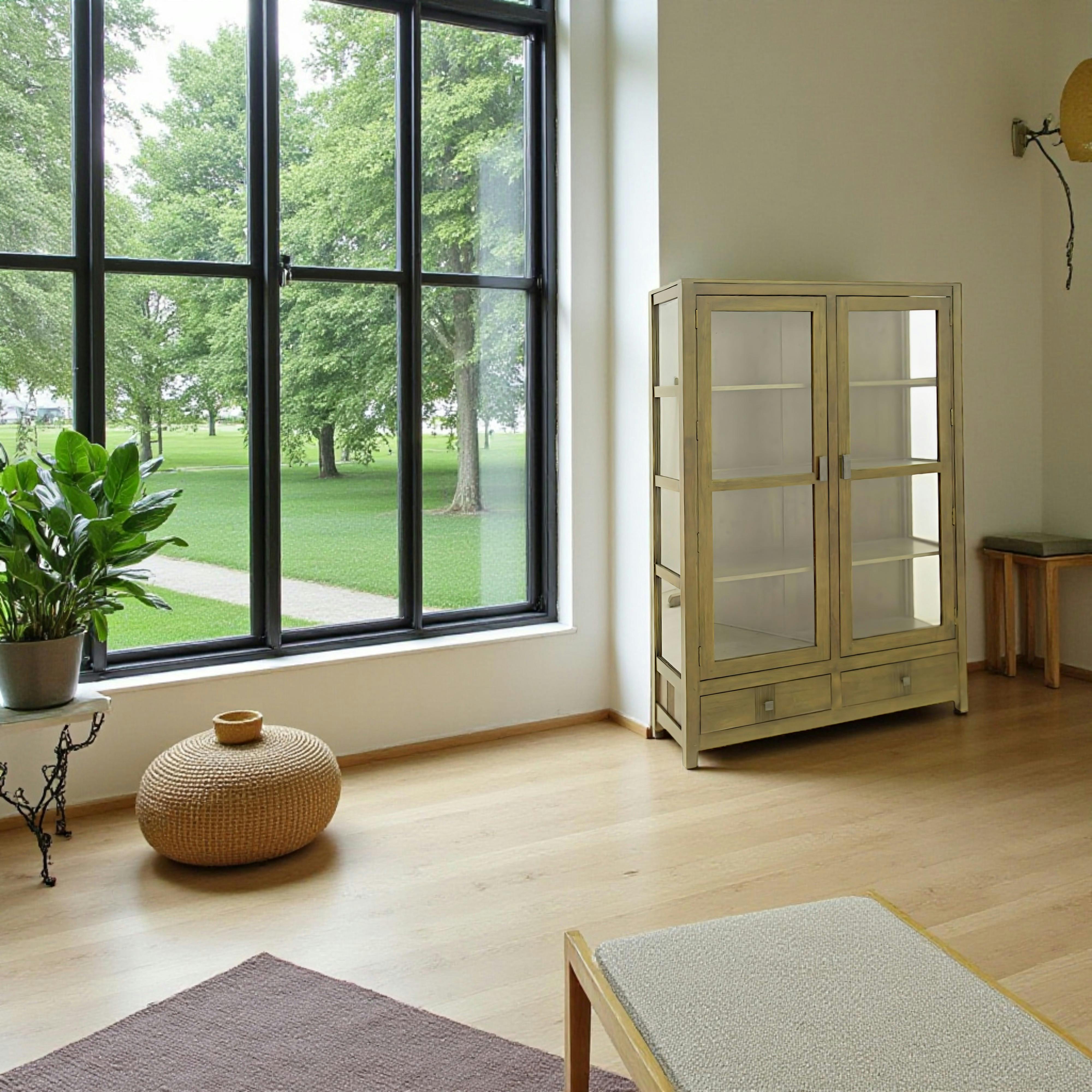 Vitrine Hévéa 2 portes vitrées, 2 tiroirs 120x38x170cm GALA