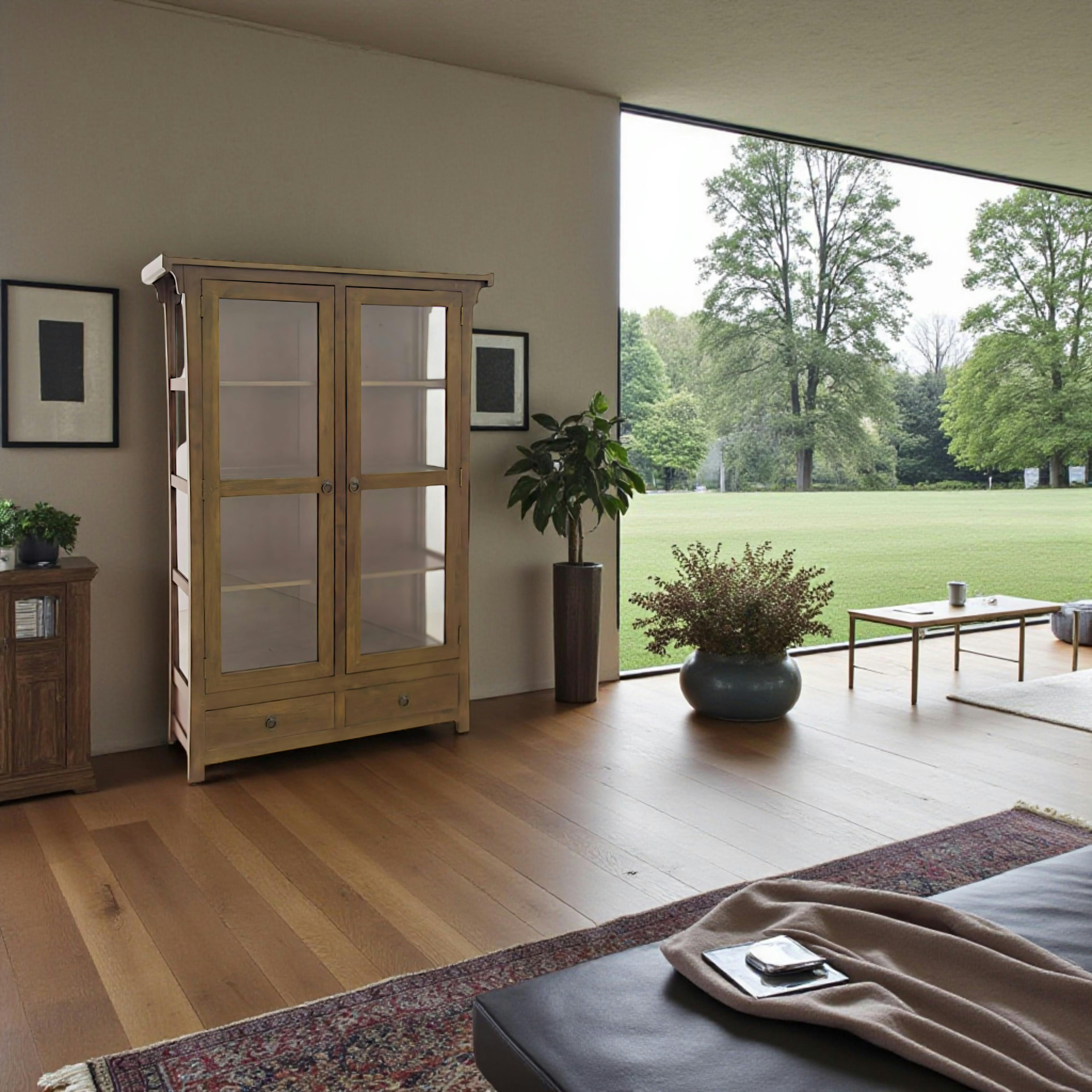 Vitrine Hévéa 2 portes vitrées, 2 tiroirs 120x38x170cm MAORI