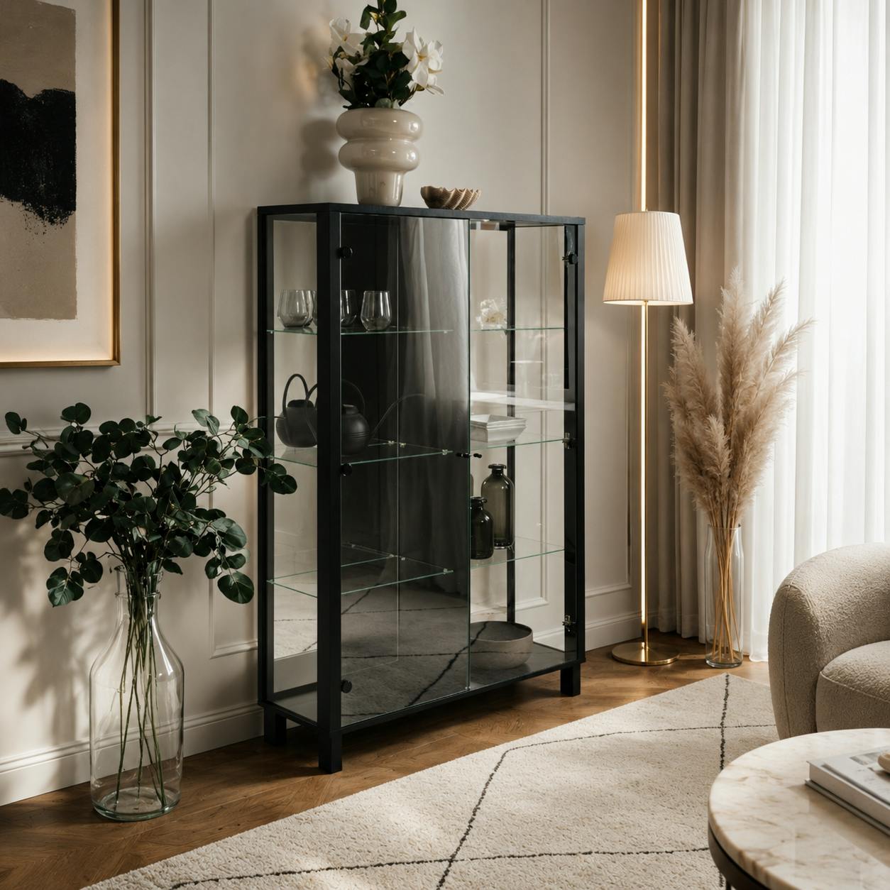 Vitrine noire 2 portes 1 miroir 100 cm RAVEN