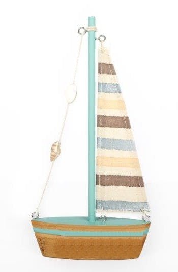 Voilier en bois naturel et turquoise avec voile déco bayadères et coquillages 20x10,5cm