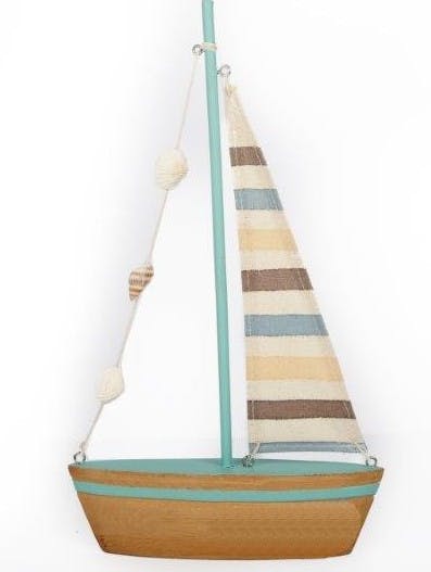 Voilier en bois naturel et turquoise avec voile déco bayadères et coquillages 29x17cm