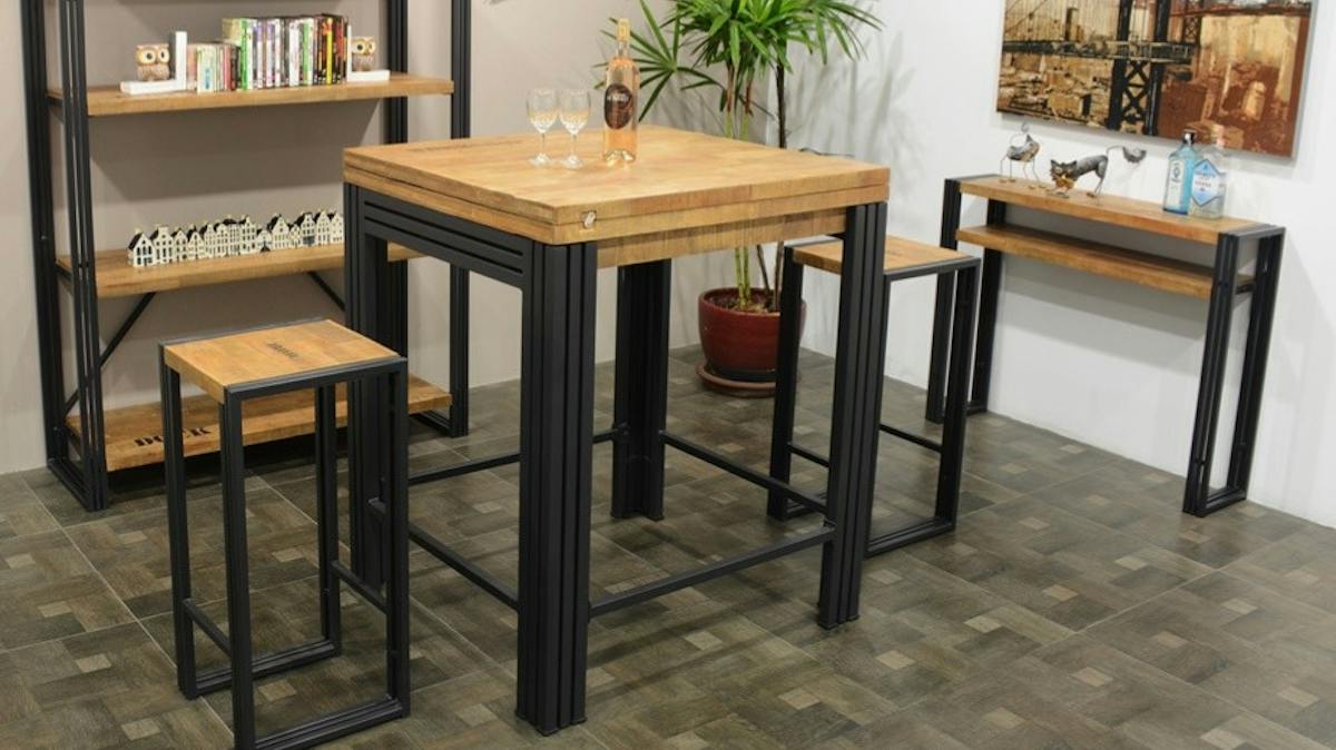 Table Haute Rectangulaire + 2 Tabourets – Style Industriel – Pour Petit Espace, Cuisine, Bar – Dimensions 120x48x91 Cm