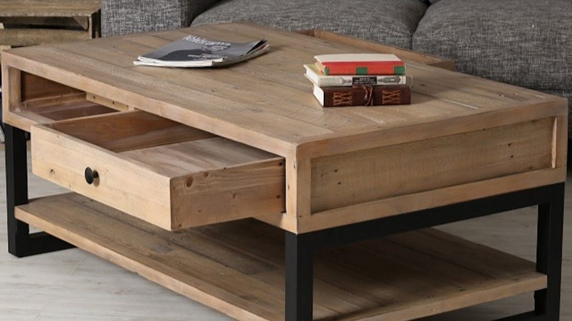 Table basse avec 2 tiroirs et espace de rangement - mdf - 100x50x40 cm - blanc + bois naturel Table basse avec 2 tiroirs et espace de rangement - mdf - 100x50x40 cm - blanc + bois naturel